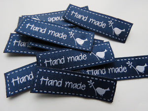 10  Blue Hand made and bird with Twig Labels 50x 15mm