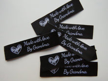 Load image into Gallery viewer, 10 Black with White Font Made with Love by Grandma 60mm x 15mm woven sewing labels