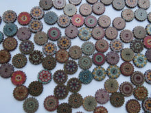 Load image into Gallery viewer, 25 Cog wheel edge Retro Vintage print 20mm buttons 2 holes