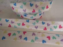 Load image into Gallery viewer, 2m Heart print on white Fold Over Elastic FOE Foldover 15mm