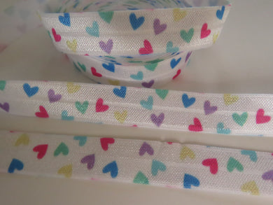 2m Heart print on white Fold Over Elastic FOE Foldover 15mm