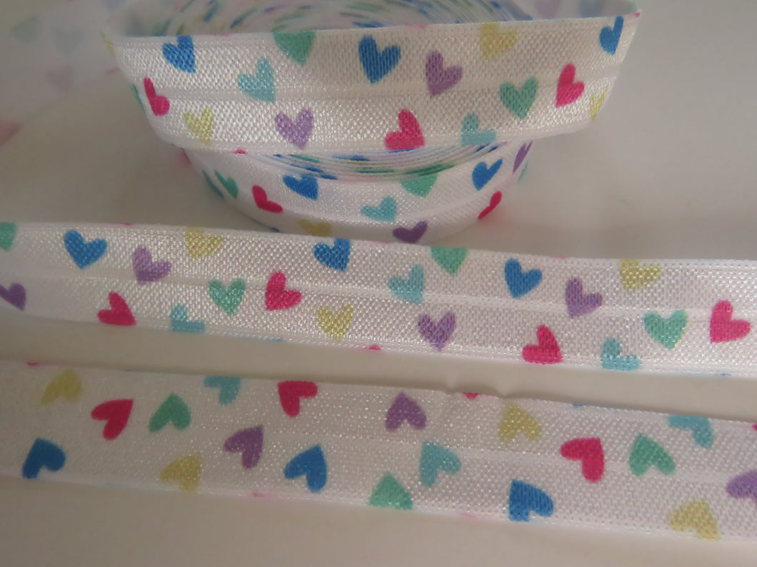 2m Heart print on white Fold Over Elastic FOE Foldover 15mm