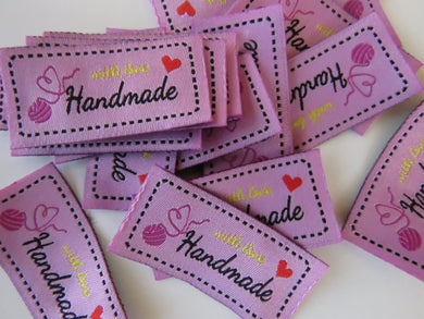 10 Pink  Heart made from end of the Ball of wool Handmade with Love labels 50x 25mm