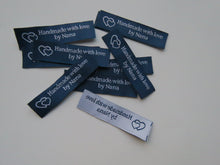 Load image into Gallery viewer, 10 Navy Blue with White Font Handmade with Love by Nana White woven labels 60 x 15mm