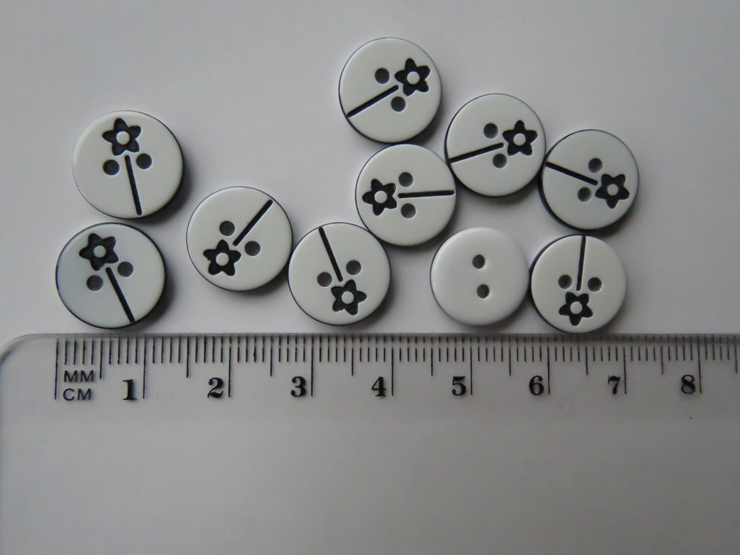 10 Black single flower on stalk print white buttons 12mm 2 holes