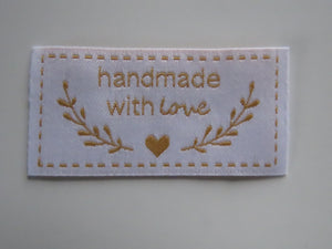 28 White with Gold Handmade with Love labels with heart and branch 50mm wide x 25mm high