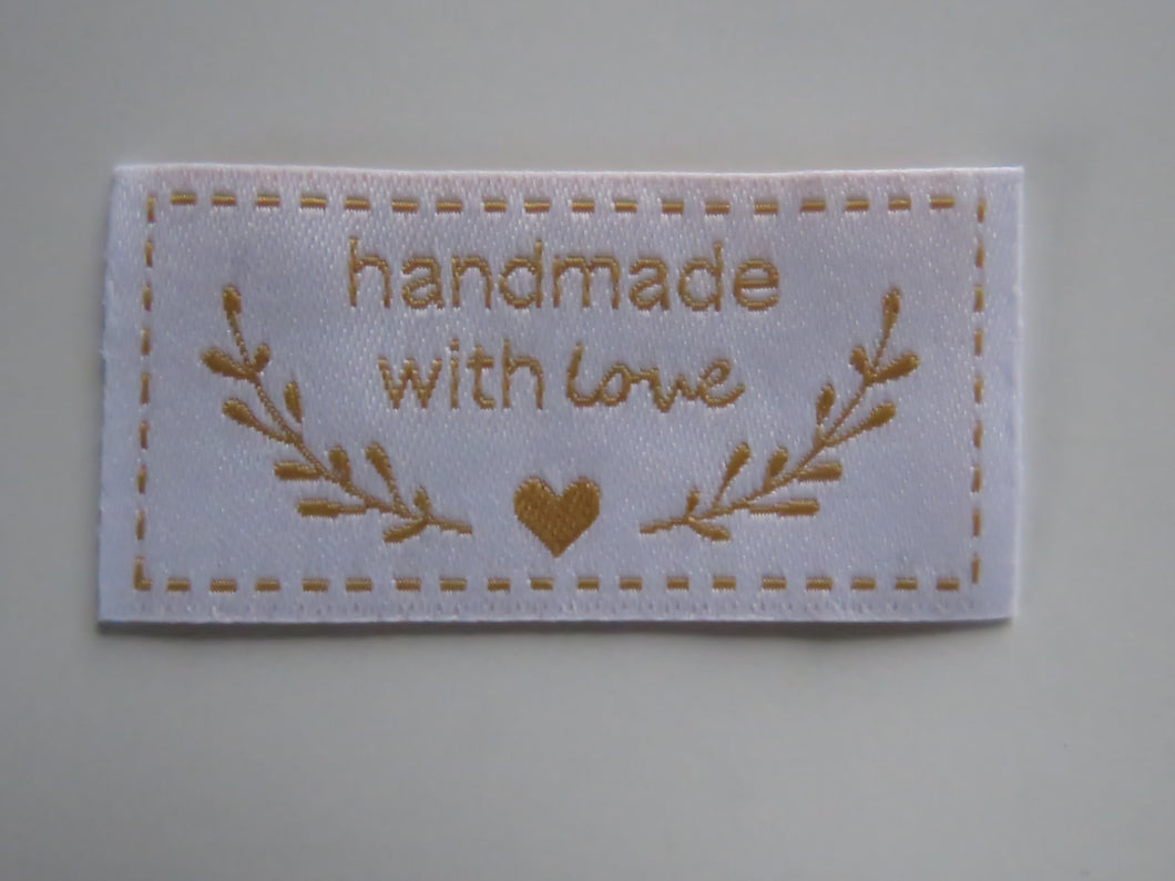 10 White with Gold Handmade with Love labels with heart and branch 50mm wide x 25mm high