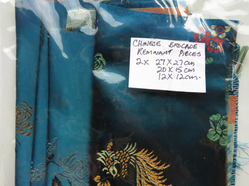 4 Teal Chinese brocade fabric remnants- see photo for piece sizes