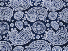 Load image into Gallery viewer, 1.5m Navy blue and white Ikat paisley floral viscose stretch knit fabric 150cm