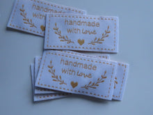 Load image into Gallery viewer, 28 White with Gold Handmade with Love labels with heart and branch 50mm wide x 25mm high