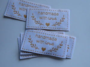 28 White with Gold Handmade with Love labels with heart and branch 50mm wide x 25mm high