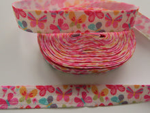 Load image into Gallery viewer, 4.6m Pink Orange and teal butterfly print  Fold Over Elastic FOE Foldover elastic 15mm