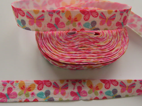4.6m Pink Orange and teal butterfly print  Fold Over Elastic FOE Foldover elastic 15mm