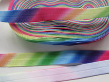 Load image into Gallery viewer, 6m Bright colours Diagonal  Rainbow Print fold over elastic 15mm foldover foe