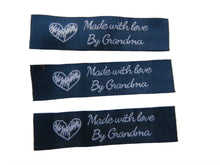 Load image into Gallery viewer, 10 Navy blue with White Font Made with Love by Grandma 60mm x 15mm woven sewing labels