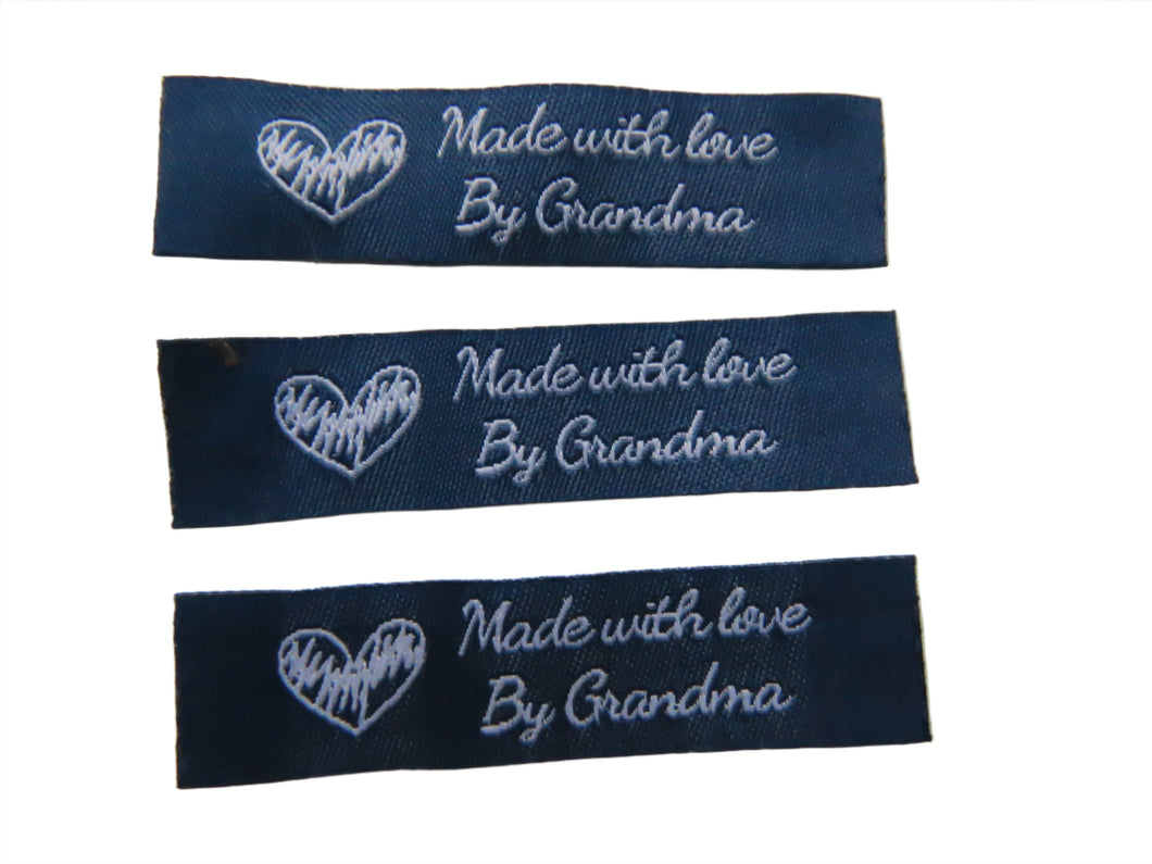10 Navy blue with White Font Made with Love by Grandma 60mm x 15mm woven sewing labels