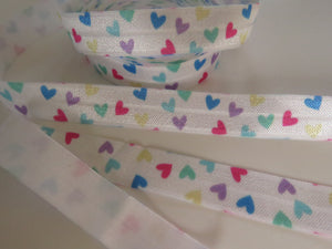 2m Heart print on white Fold Over Elastic FOE Foldover 15mm