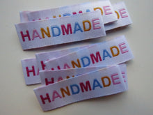 Load image into Gallery viewer, 10 Mixed Font colour HANDMADE white woven labels 50mm x 15mm