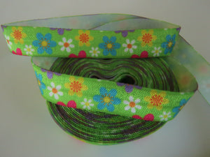 4.7m floral print apple green Fold Over Elastic FOE Foldover15mm