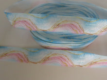 Load image into Gallery viewer, 2m Blue  pink and Gold marbled abstract swirl Fold Over Elastic FOE Foldover elastic 15mm