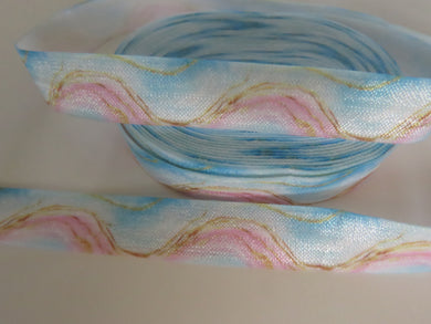 2m Blue  pink and Gold marbled abstract swirl Fold Over Elastic FOE Foldover elastic 15mm