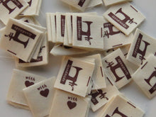 Load image into Gallery viewer, 50 Handmade printed on bottom of Sewing machine cotton flag labels 20 x 20mm