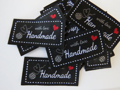 10 Black Heart made from end of the Ball of wool Handmade with Love labels 50x 25mm