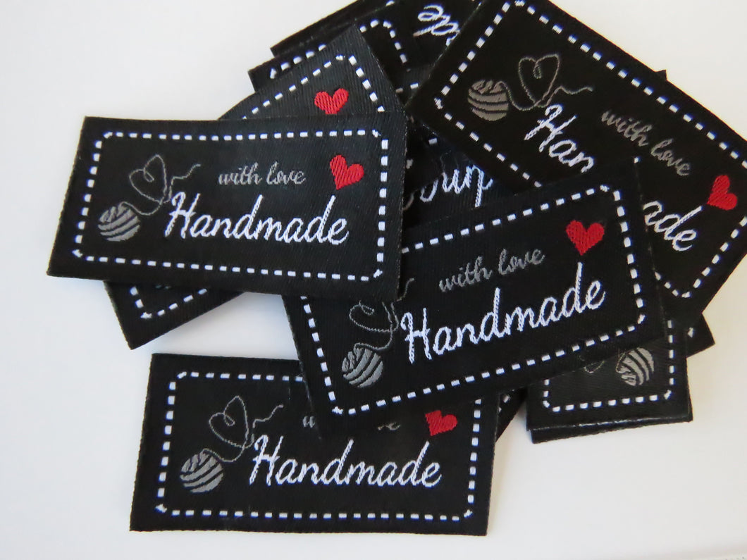 10 Black Heart made from end of the Ball of wool Handmade with Love labels 50x 25mm