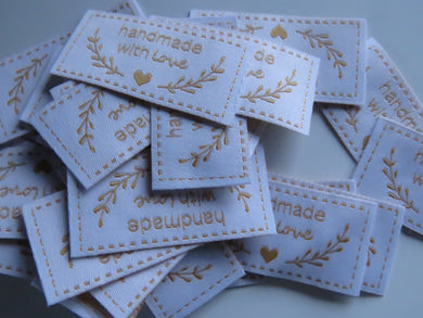 28 White with Gold Handmade with Love labels with heart and branch 50mm wide x 25mm high
