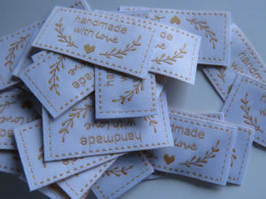 28 White with Gold Handmade with Love labels with heart and branch 50mm wide x 25mm high