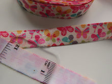 Load image into Gallery viewer, 4.6m Pink Orange and teal butterfly print  Fold Over Elastic FOE Foldover elastic 15mm