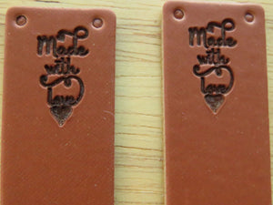 50 Brown PU Leather Made with Heart Foldable Labels 50x 20mm