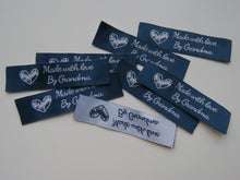 Load image into Gallery viewer, 10 Navy blue with White Font Made with Love by Grandma 60mm x 15mm woven sewing labels
