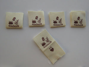 50 Pincushion, thread, scissors Handmade cotton flag labels 20x 20mm