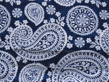 Load image into Gallery viewer, 1.5m Navy blue and white Ikat paisley floral viscose stretch knit fabric 150cm