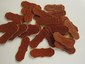 25 PU Leather Handmade with Love and small heart labels
