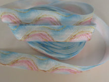 Load image into Gallery viewer, 2m Blue  pink and Gold marbled abstract swirl Fold Over Elastic FOE Foldover elastic 15mm