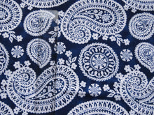 Load image into Gallery viewer, 1.5m Navy blue and white Ikat paisley floral viscose stretch knit fabric 150cm