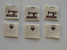 Load image into Gallery viewer, 50 Handmade printed on bottom of Sewing machine cotton flag labels 20 x 20mm