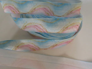 2m Blue  pink and Gold marbled abstract swirl Fold Over Elastic FOE Foldover elastic 15mm
