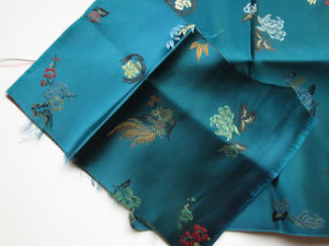 4 Teal Chinese brocade fabric remnants- see photo for piece sizes