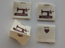 Load image into Gallery viewer, 50 Handmade printed on bottom of Sewing machine cotton flag labels 20 x 20mm