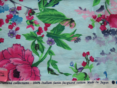 48cm Purple and Pink floral on pale blue 100% italian satin jacquard cotton Made in Japan 112cm wide