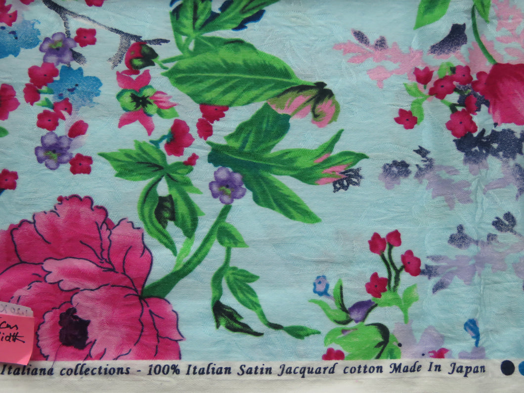 48cm Purple and Pink floral on pale blue 100% italian satin jacquard cotton Made in Japan 112cm wide