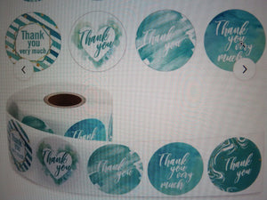 500 Mixed Teal print Thank you sticker labels 25mm