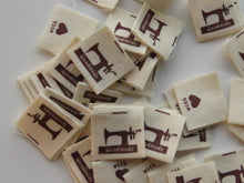 Load image into Gallery viewer, 50 Handmade printed on bottom of Sewing machine cotton flag labels 20 x 20mm