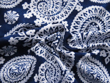 Load image into Gallery viewer, 1.5m Navy blue and white Ikat paisley floral viscose stretch knit fabric 150cm