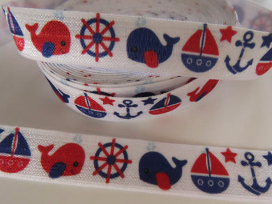 2m Whale, Anchor and boat print on white Fold Over Elastic FOE Foldover 15mm