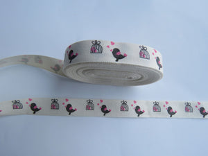 1.4m Bird with Pink heart and birdcage Printed cotton tape