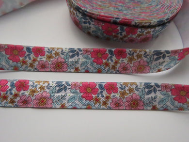 4.6m Pink Blue Mustard flower floral print fold Over Elastic FOE Foldover 15mm
